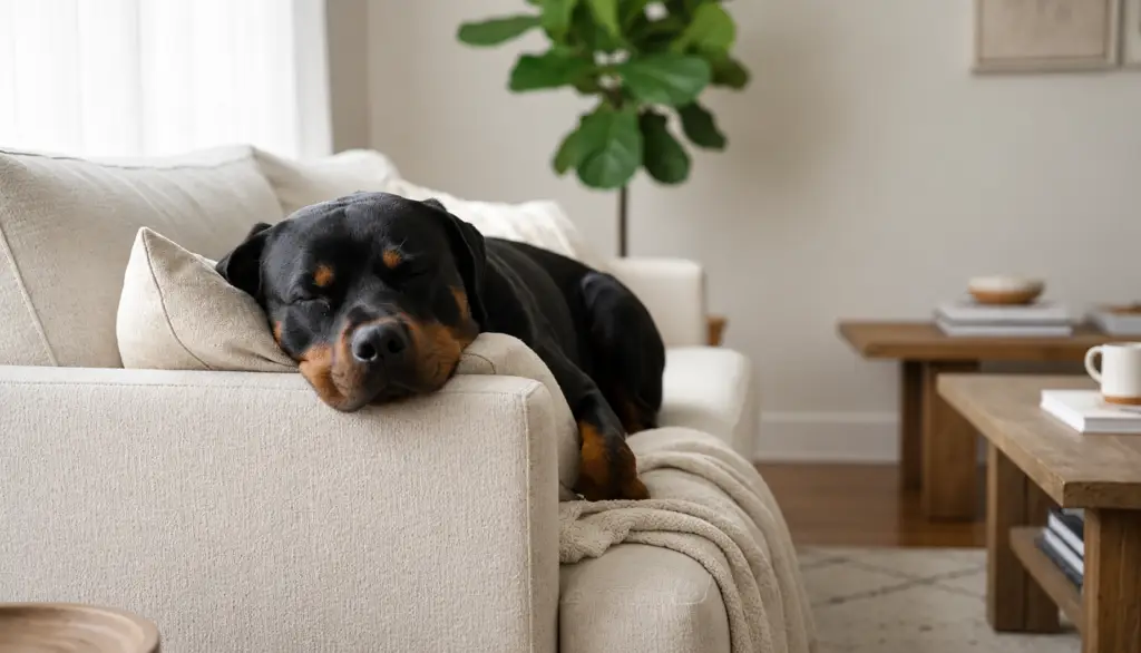 Rottweiler relajado descansando en el sofá de su hogar