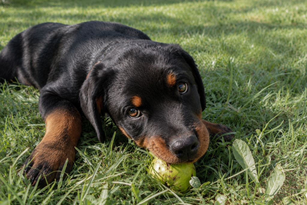 Cachorro Rottweiler mordiendo una fruta segura, un premio natural para su dieta